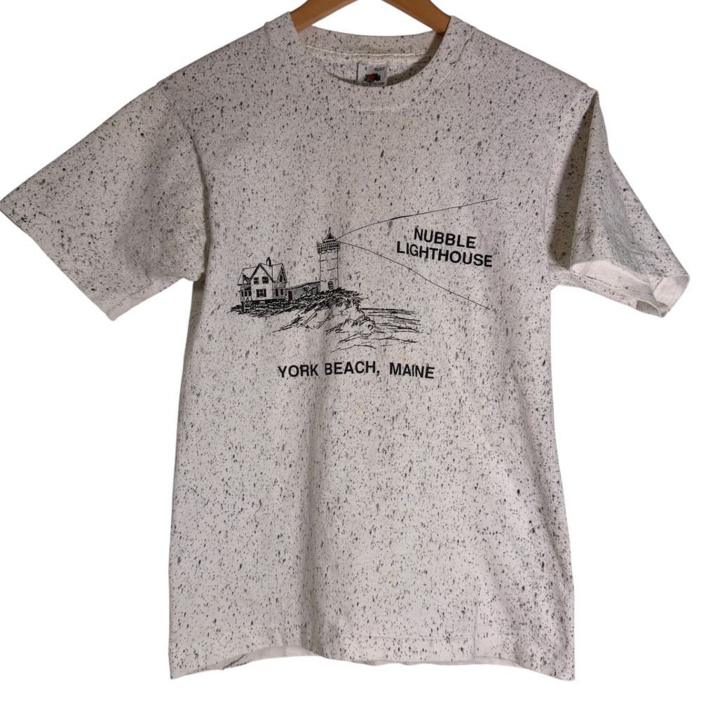 Vintage Fruit Nubble Lighthouse York Beach Maine Speckled T Shirt White Small